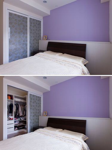 主卧室-依照屋主喜好以紫色为主题，有限的卧房空间仍规划有更衣室，加强生活机能。